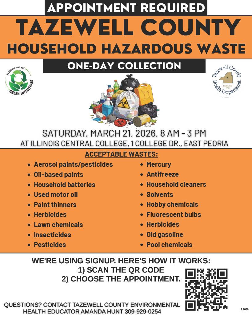 March 21, 2026, 8am - 3 pm...Household Hazardous Waste One-Day Collection